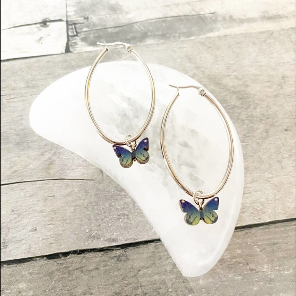 Stainless Steel Wooden Butterfly Hoop Earrings